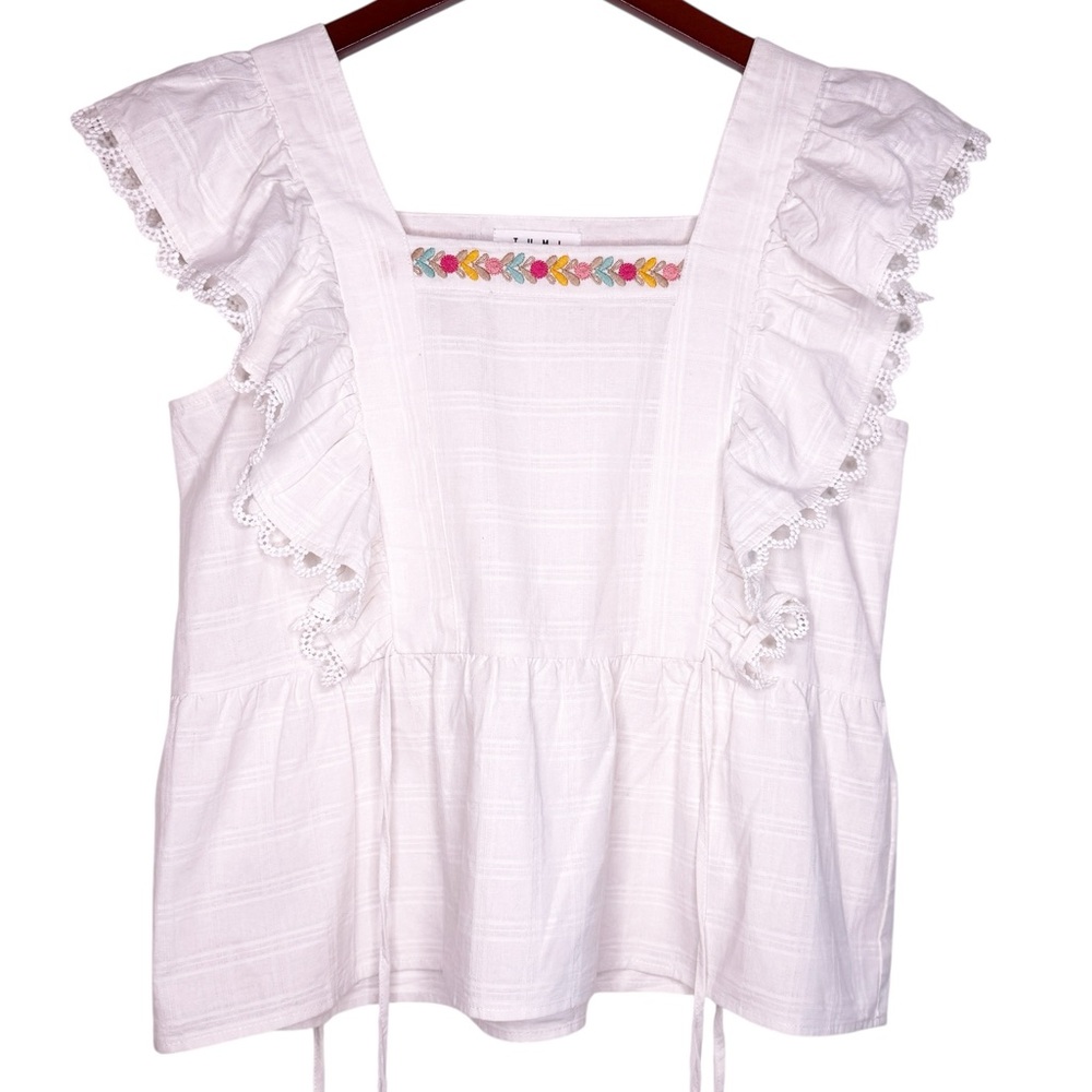 THML Embroidered Ruffle Sleeve Tie Top in White Size Large - Picture 11 of 11